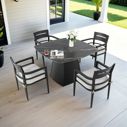 Modern Outdoor Patio 5-Piece Dining Set, Squircle Table, Ember Black