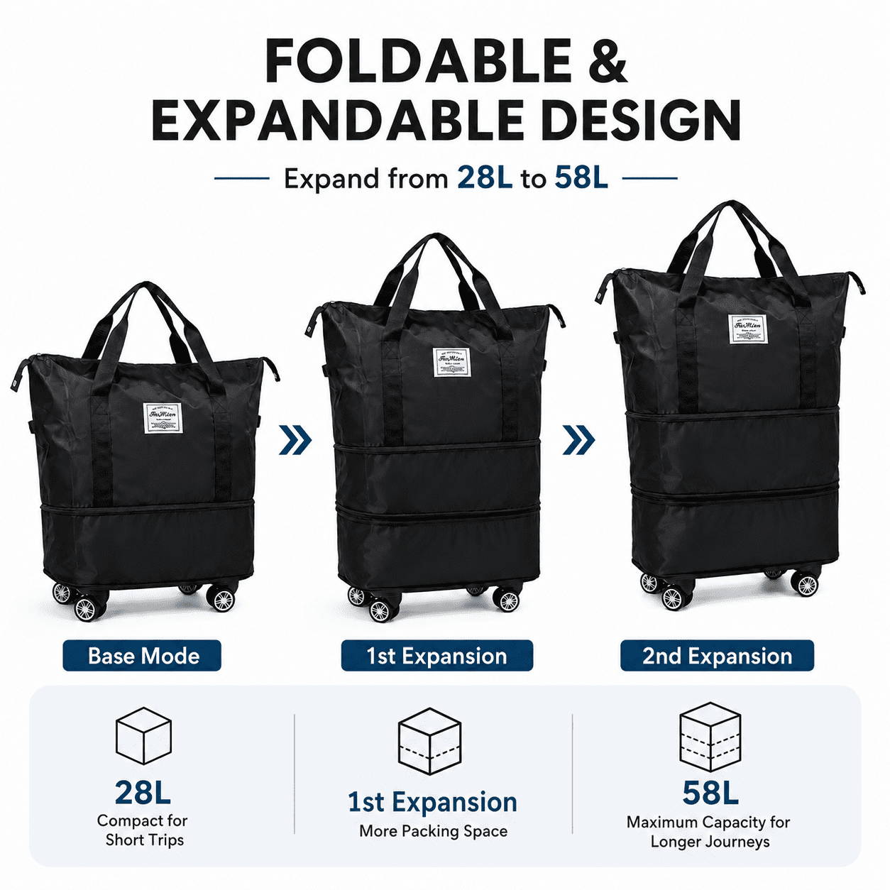 Wheeled Rolling Duffle Bag, Expandable Travel Companion for Weekend Trip and Carry-on Luggage