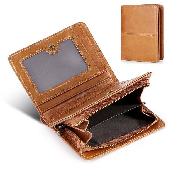 Vintage Genuine Leather Bifold Wallet for Men, Large Capacity Minimalist, with RFID Blocking, Zippered Coin Pocket, Multiple Card Slots, ID Window