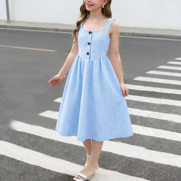 Girls Blue & White Striped Midi Dress Sleeveless Square Neck A-Line Summer Dress Machine Washable for Kids 8-14 Years,Size 8-9T
