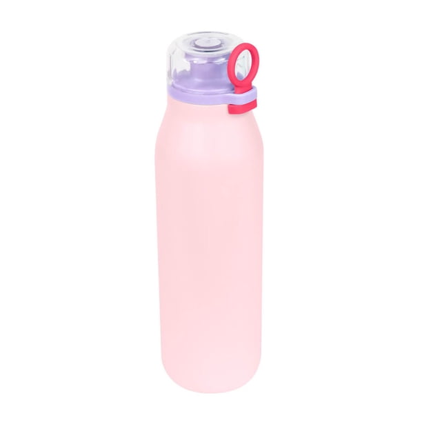 Termo metálico con diseño bicolor moderno, doble pared y asa de silicón rosa 7.4 x 25