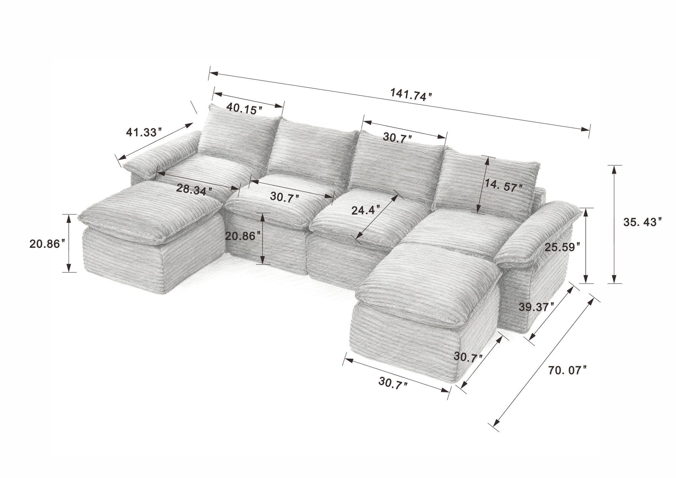 Aukfa 141.74" Oversized U-Shape Modular Sectional Cloud Sofa with Ottoman, Modern Comfy Deep Seat Corduroy Couch for Living Room, White