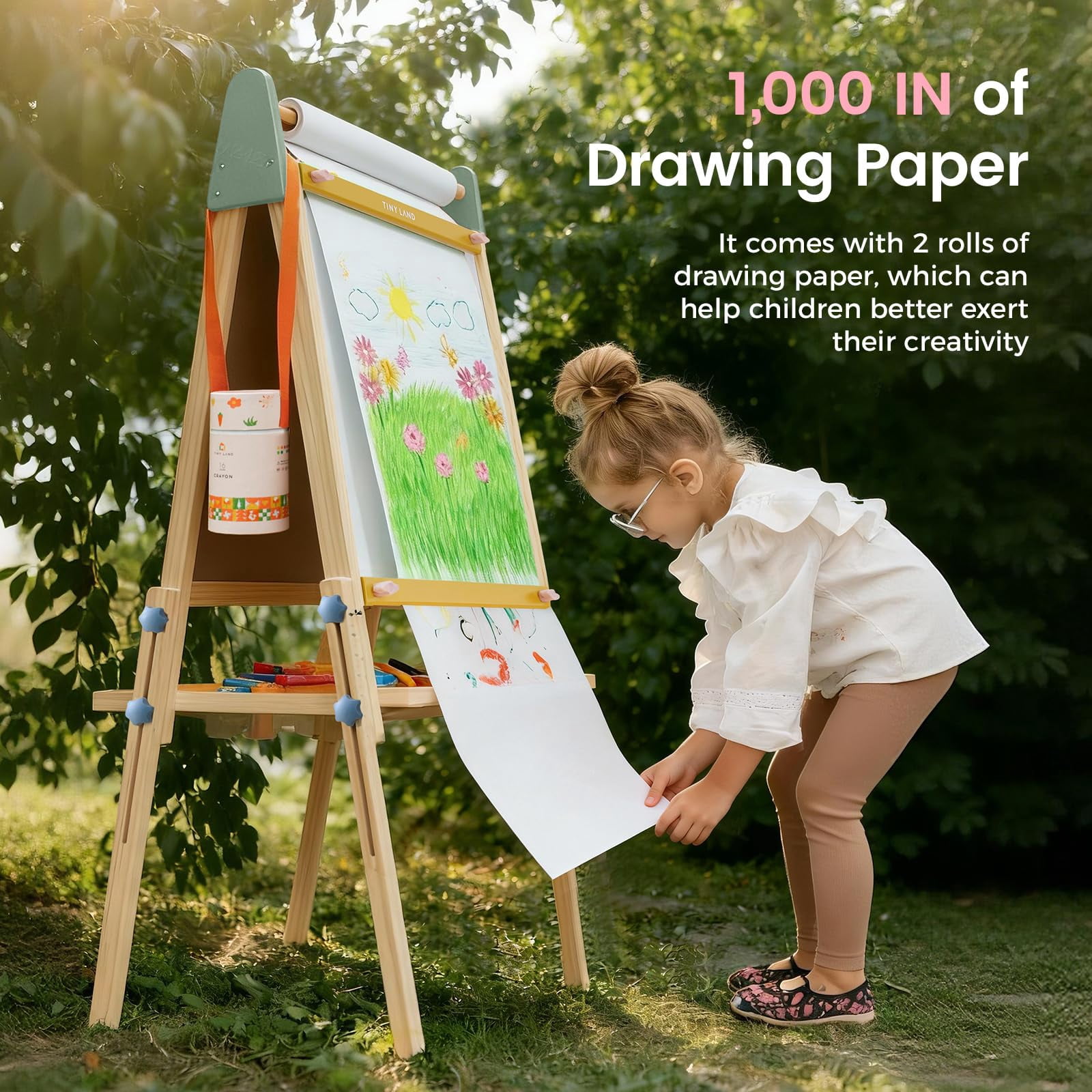 Tiny Land Easel for Kids, Adjustable Double-Sided Wooden Easel with Paper Roll, Whiteboard & Chalkboard, Multi-Functional Art Easel for 3-8 Years Old Boys & Girls