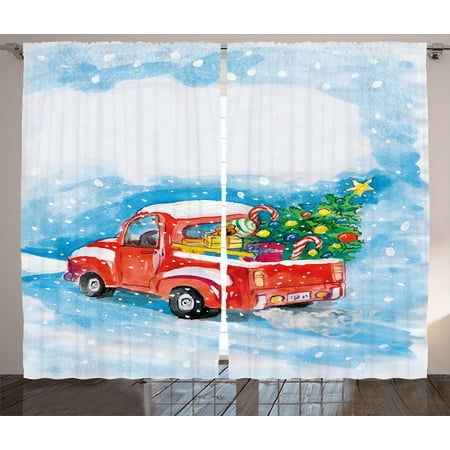 Red Candy Cane Tree (Christmas Curtains 2 Panels Set, Vintage Red Truck in Snowy Winter Scene with Xmas Tree and Gifts Candy Cane Kids, Living Room Bedroom Decor, Blue White Red, by)