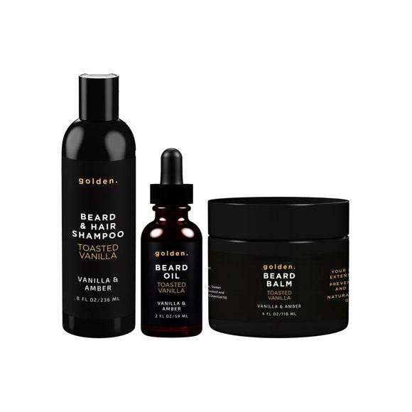 Golden Grooming Co. Paquete de barba diaria – Juego completo para el cuidado de la barba | Incluye bálsamo y champú de aceite para barba (vainilla tostada XL)