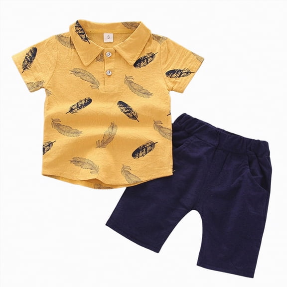 Hessimy Toddler Boy Short Sets - 2 Piece Knitted Crewneck T Shirt & Matching Shorts（Yellow,12-18 Months)