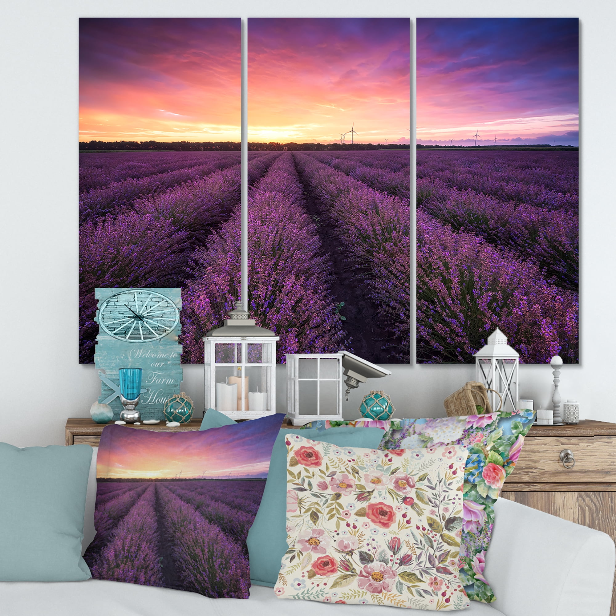 Designart ' Dramatic Clouds and Sunrise Over Lavender Field XIII ' Farmhouse Canvas Wall Art Print
