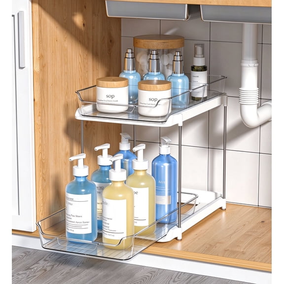 2-Tier Multi-Purpose Bathroom Under Sink Organizers and Storage, Stackable Kitchen Pantry Organization, Pull Out Medicine Cabinet Organizer with Movable Dividers, White, 1 Pack