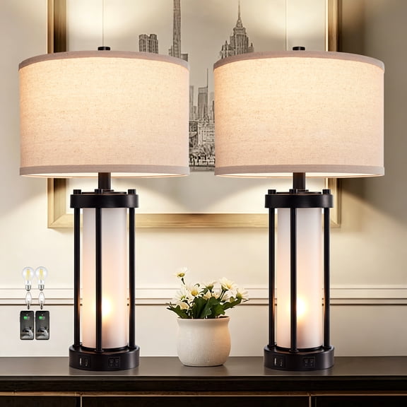 RORIA 24"Modern Living Room Table Lamps Set of 2, with Dual USB-C&A Charging Ports, Built-in Frosted White Glass Night Light, Black Retro Country Farmhouse Style, for Bedroom Bedside Lamps