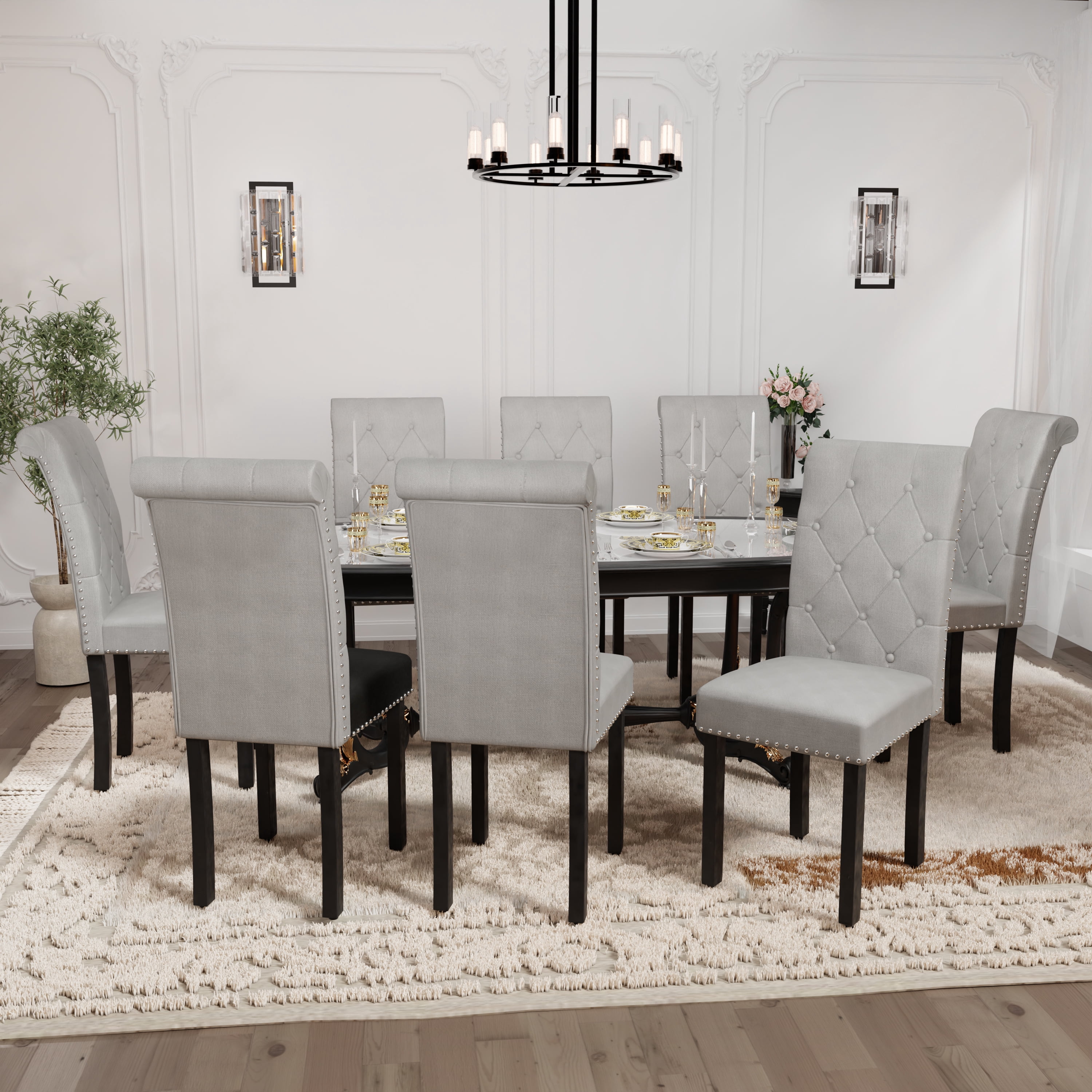 DONICK Rolled-Up High-Back Upholstered Dining Chairs With Tufted Solid Wood Legs Nailhead Trim For Home,Restaurant,Dining Room(Gray,Set of 6)