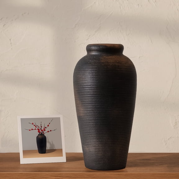 Tall Black Terracotta Vase 11 Inch Handmade Ceramic Boho Farmhouse Floor Rustic Large Pottery Vase for Home and Hotel Entryway or Living Room Decor