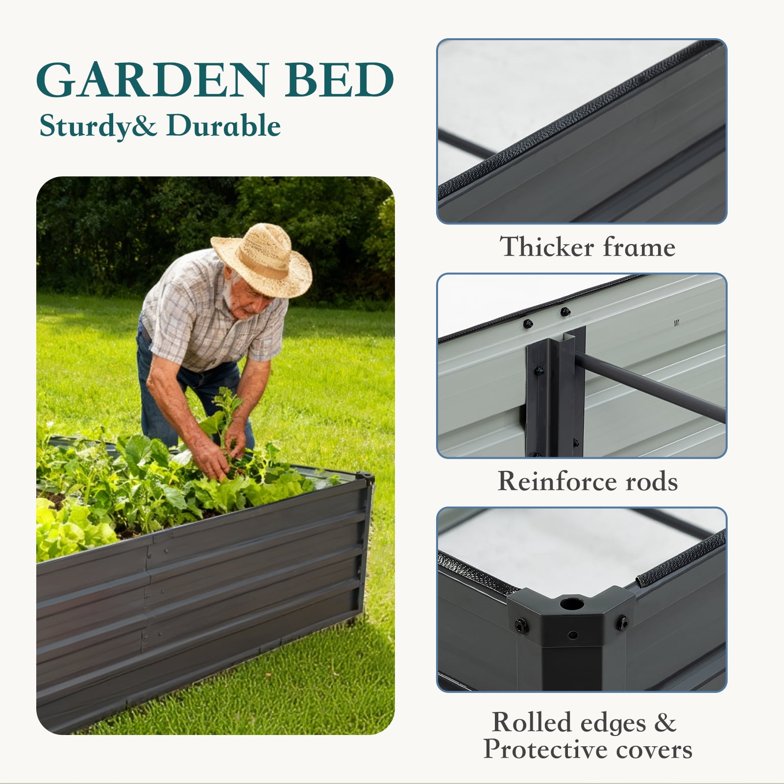 EDX Outdoor Metal Raised Garden Bed 6x3x2FT, Steel with Support Bars, Rust-Resistant Coating, Open Base for Drainage, Gray