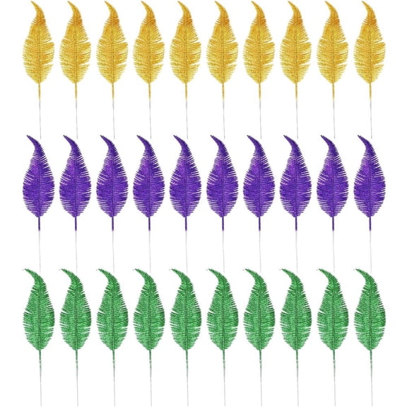 30 Pcs Mardi Gras Leaf Branches Set Mardi Gras Purple Gold Green Artificial Picks Stems Carnival Party Table Decor