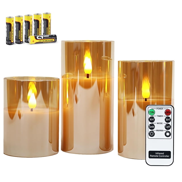 Rhytsing 3 Velas de Cristal Dorado con Mando para Navidad, Velas a Pilas con Temporizador Decorativas Grandes, Altura 10cm / 12,5cm / 15cm (Dorado)