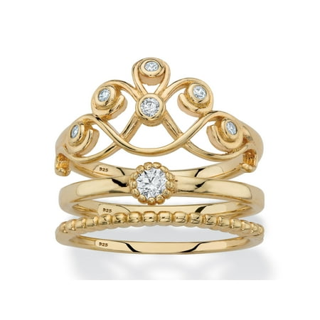 - Round Cubic Zirconia Crown, Solitaire and Beaded 3-Piece Stackable Ring Set in 14k Gold over Sterling Silver