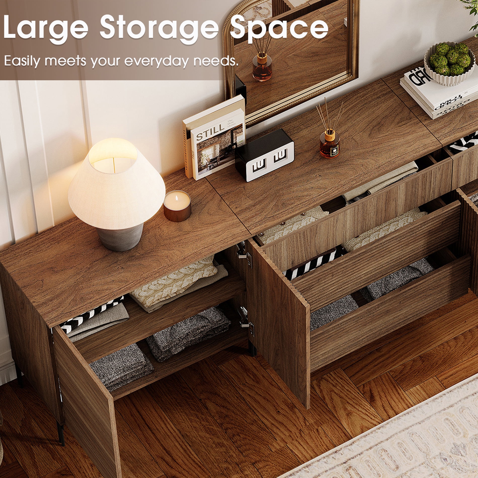 126" Modern Reeded 6-Drawer Dresser Set for Bedroom, Minimalist Chest of Drawers with Storage, Wooden Dresser for Living Room, Bedroom, Entryway