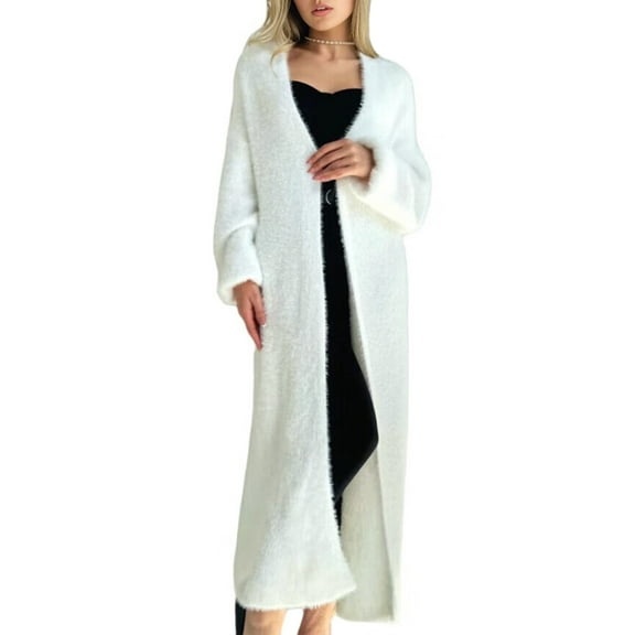 Women'S Loose V-Neck Long-Sleeved Knitted Cardigan Fall Winter over-Knee Length Lazy Style Coat White One size