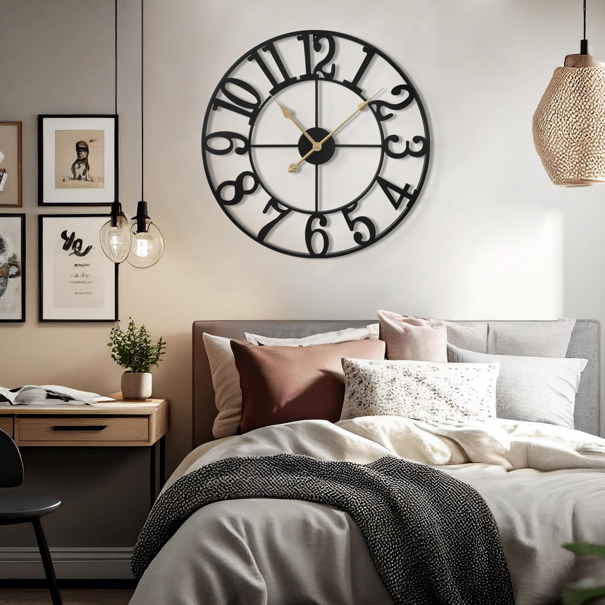Arsvita  16 Inch Large Wall Clock, Silent Non-Ticking, Battery Operated Metal Clock, Oversized, Decorative Retro Clock for Farmhouse, Dinner and Living Room, Indoor, Outdoor(Black Arabic Number)