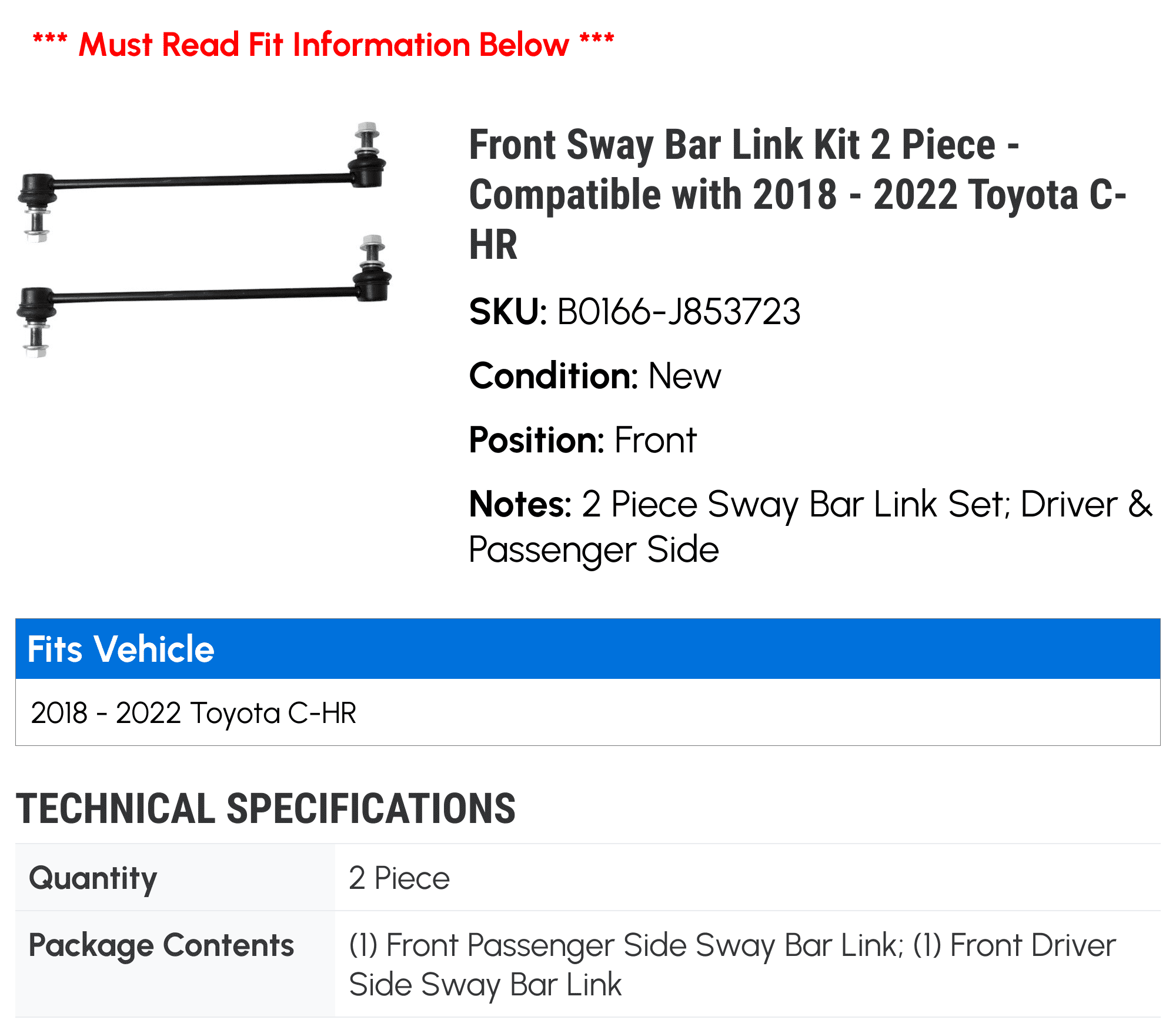 Front Sway Bar Link Kit 2 Piece - Compatible with 2018 - 2022 Toyota C-HR 2019 2020 2021