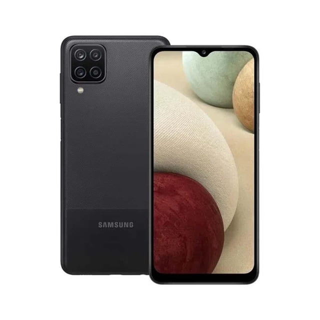 smartphone samsung galaxy a12 4gb ram 64gb negro desbloqueado vista frontal y trasera centrada; pantalla Infinity-V de 6.5" con muesca en V y reverso texturizado negro con módulo cuadrado de cuatro lentes y flash y logo Samsung abajo. Equipado con cámara principal 48 MP, ultra gran angular 5 MP, cámara de profundidad 2 MP, frontal 8 MP, batería 5,000 mAh y carga rápida 15W; también suele usarse como dispositivo multimedia compacto para consumir video en movilidad.