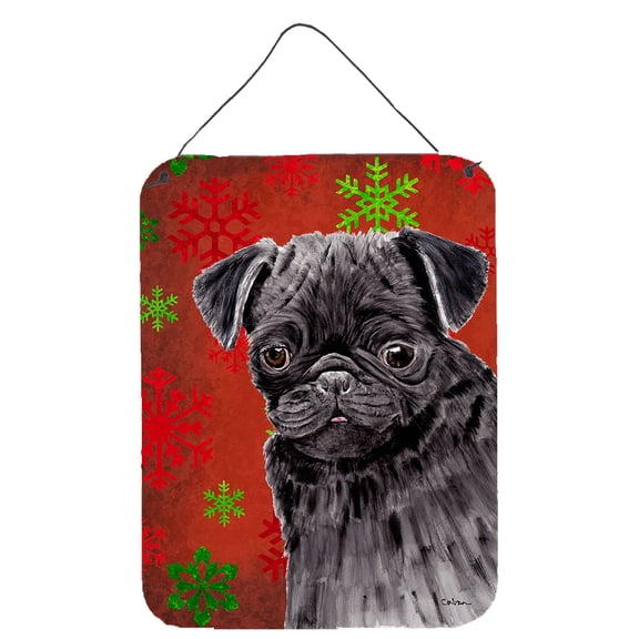 Pug Red and Green Snowflakes Holiday Christmas Wall or Door Hanging Prints