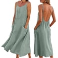 thumbnail image 4 of Women's 100% Cotton Spaghetti Strap Midi Dress, Backless V Neck Casual Summer Beach Dress with Pockets, Loose Fit Vacation Sundress for Women S-3XL, 4 of 6