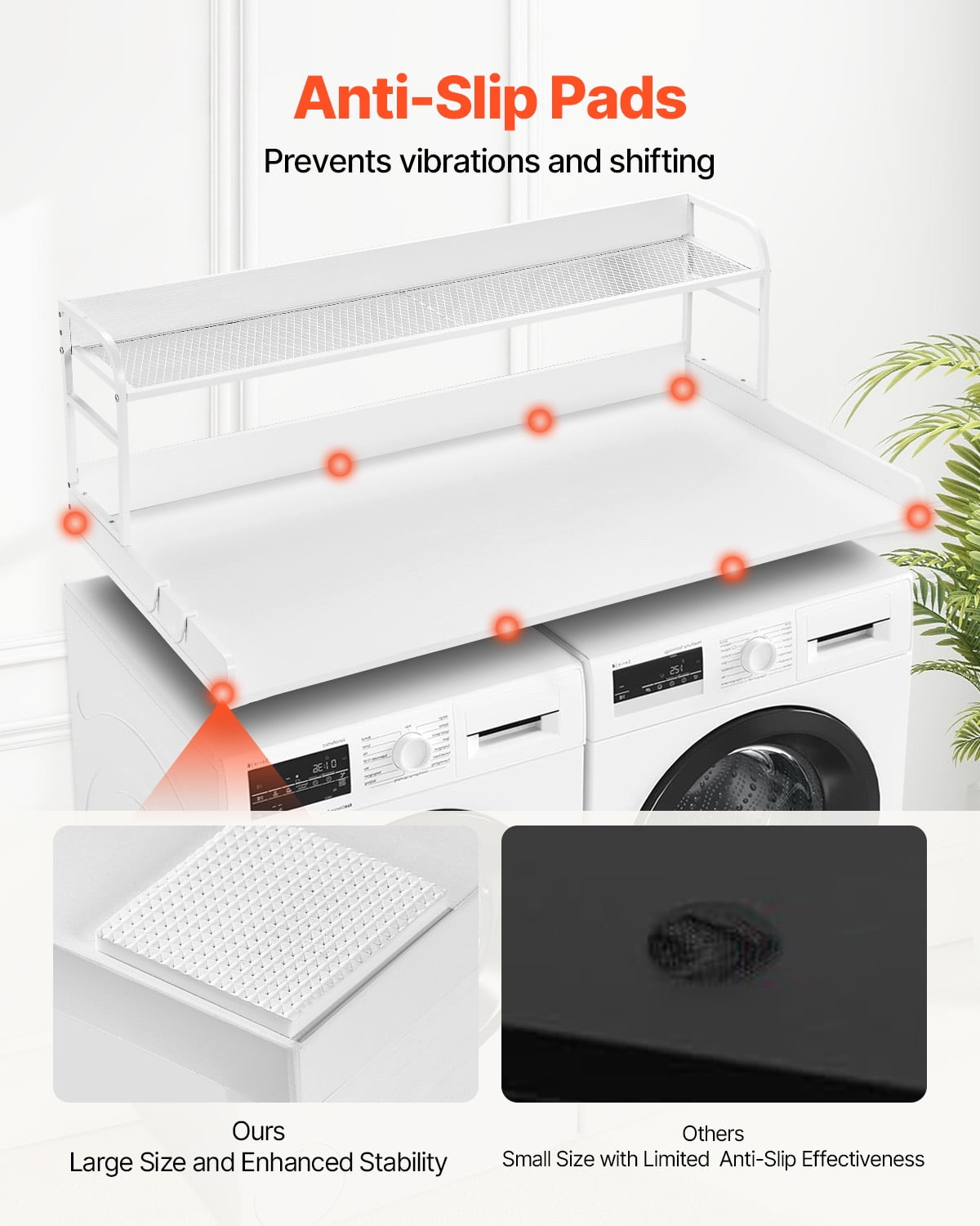 VEVOR Washer Dryer Countertop with 2-Tier Shelf, 54" x 27" Wooden Washer and Dryer Countertop with Anti-Slip Pads, Water-Resistant Laundry Topper Cover for Laundry Room Organization and Storage,White