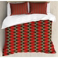 thumbnail image 1 of Geometric Duvet Cover Set Queen Size, Christmas Inspirations in Geometric Rectangles Vivid Palette, Decorative 3 Piece Bedding Set with 2 Pillow Shams, Hunter Almond Green Red, by Ambesonne, 1 of 3
