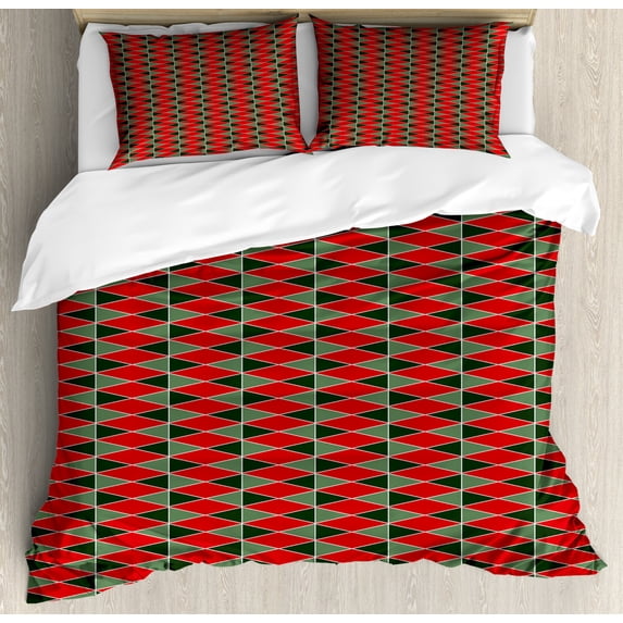 Geometric Duvet Cover Set Queen Size, Christmas Inspirations in Geometric Rectangles Vivid Palette, Decorative 3 Piece Bedding Set with 2 Pillow Shams, Hunter Almond Green Red, by Ambesonne