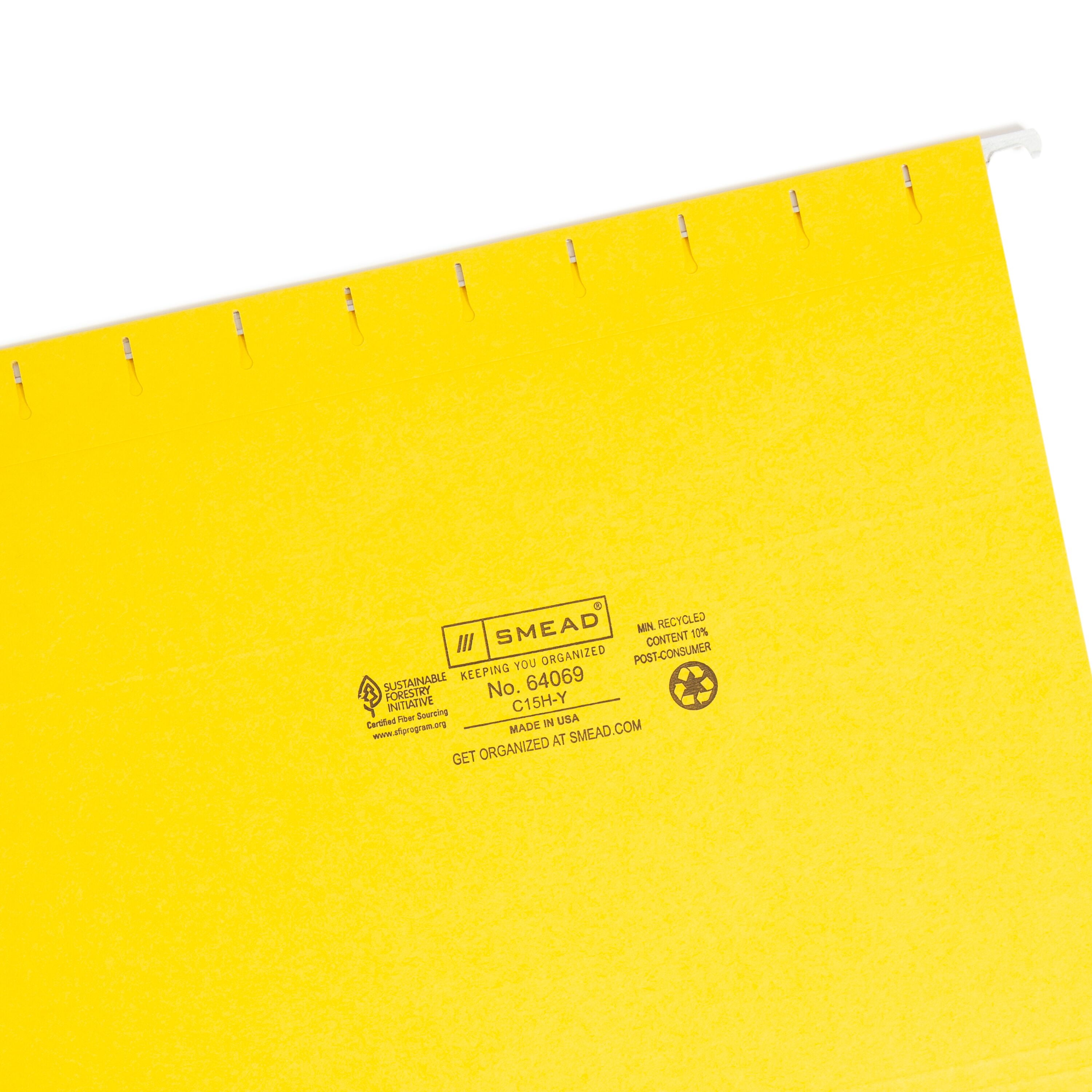 Smead Hanging File Folder with Tab, 1/5-Cut Adjustable Tab, Letter Size, Yellow, 25 per Box (64069)