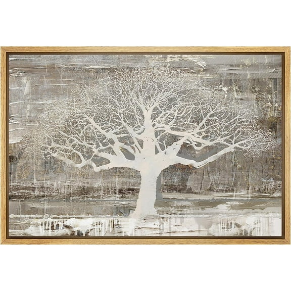 PixonSign Framed Canvas Print Wall Art Grunge White Forest Tree Silhouette Nature Wilderness Illustrations Modern Art Botanical Floral Farmhouse/Country Relax/Calm/Cozy for Bedroom - 16"x24" Natural