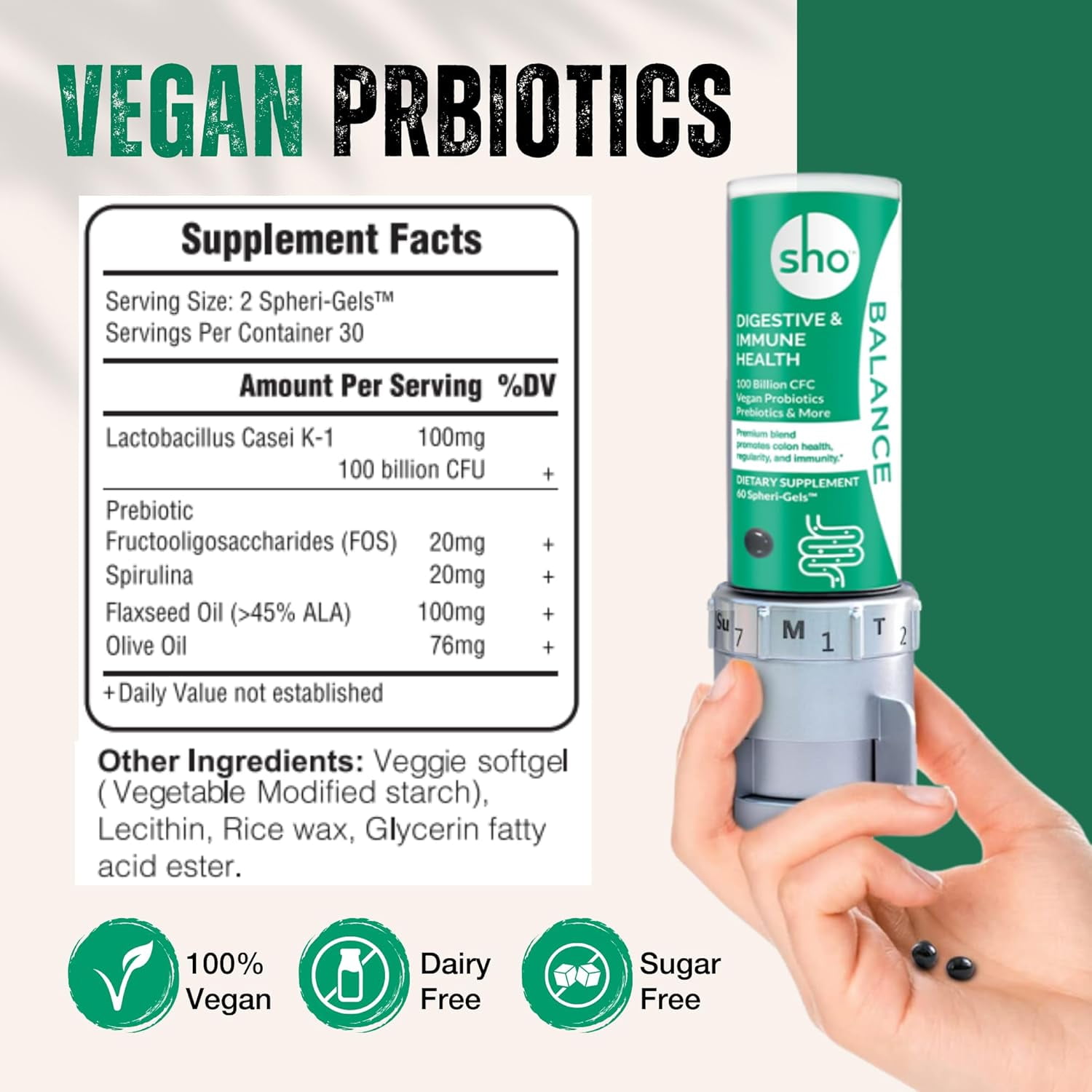 SHO Balance 100 Billion CFU Prebiotics and Probiotics Including Lactobacillus Casei for Digestive Health, Shelf-Stable Vegan Probiotics for Men and Women – 60 Pills 3 Bottles with Dispenser