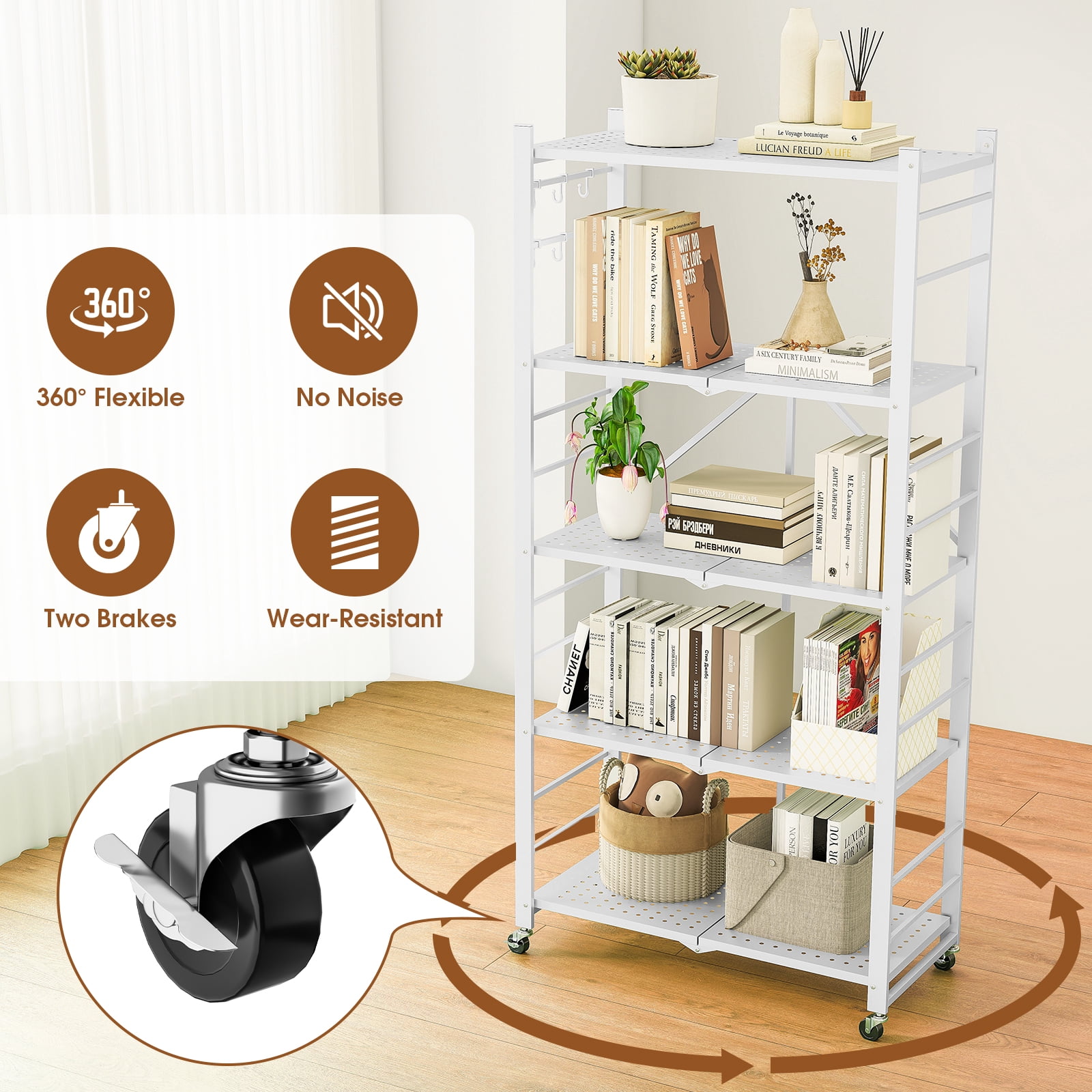 Fenbeli Storage Shelves,5-Tier Foldable Metal Wire Storage Shelf with Wheels, Heavy Duty Organizer Rack for Garage, Kitchen, Closet, White