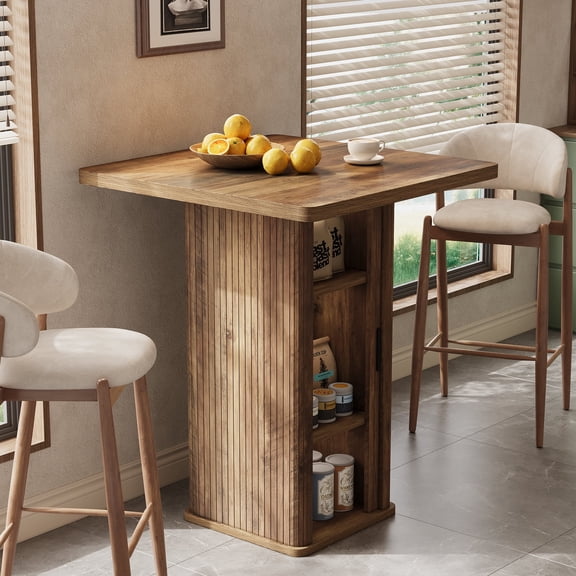 Finmind Square Bar Table for 2, 27.6 inch Wood Table with 3-Tier Built-in Storage and Sliding Doors for Living Room, Small Bars, Rustic Brown