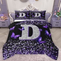 Feelyou Initial D Letter Bedding Comforter Set, Sequin Print Monogrammed Twin Comforter Sets, Dreamy Purple Butterfly Reversible Bedding Set, Ultra Soft Bedroom Decor, 2 Pieces