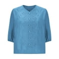 thumbnail image 4 of Summer Plus Size Tops For Women 3/4 Length Sleeve Printing V-Neck Linen Lace Causal Loose Pullover Blouse T-Shirt Women Summer Shirts Under $10 Blue M, 4 of 5