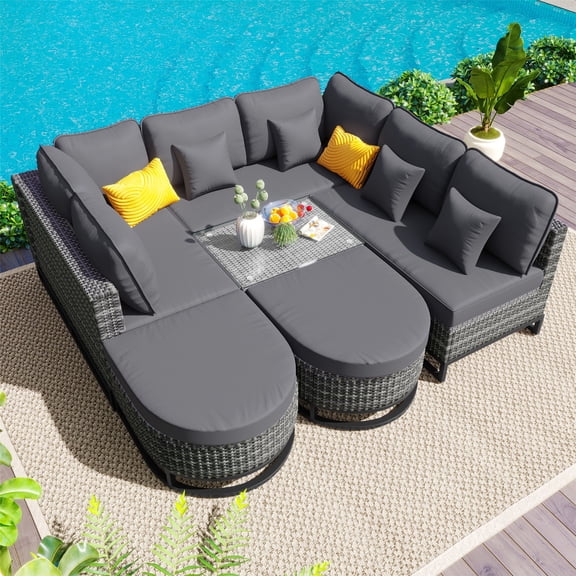 7 Pieces Large Size Outdoor Wicker Sofa Set, Rattan Conservation Sectional Free Combination, Patio Furniture With 2 Coffee Table And Pillows For Garden And Deck, Beige,Gray