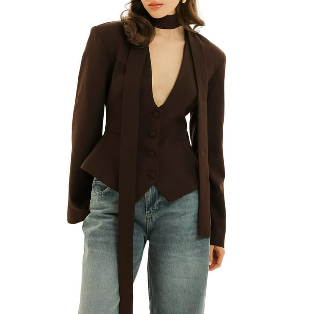 Blazer de Larga con Cuello en V para Mujer, Estilo Blazer, Ideal para el Trabajo o para Ocasiones Formales e Informales. Corte Ajustado y Cinturón. Marrón M