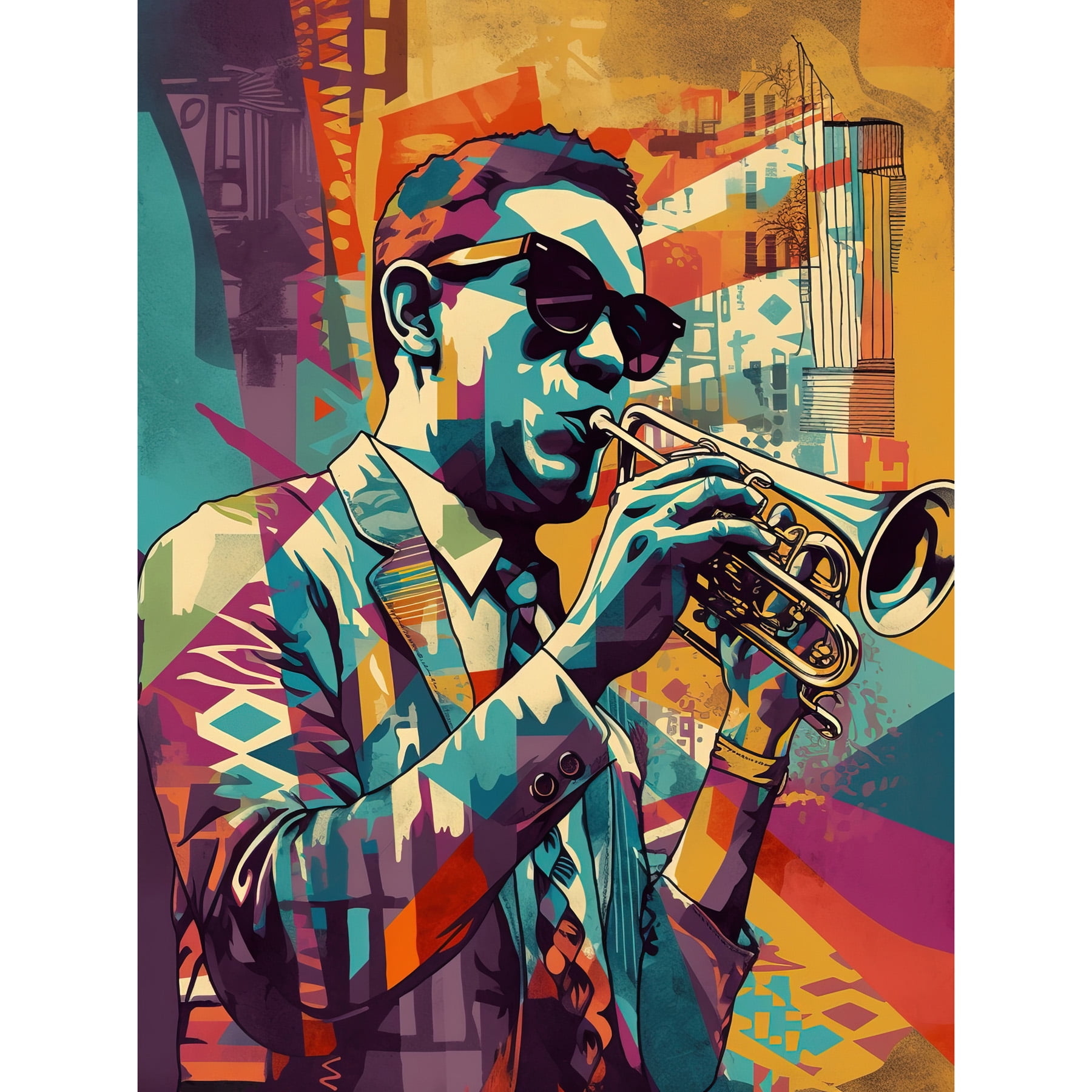 Trumpet Player Jazz Musician with Sunglasses Modern Colour Linocut