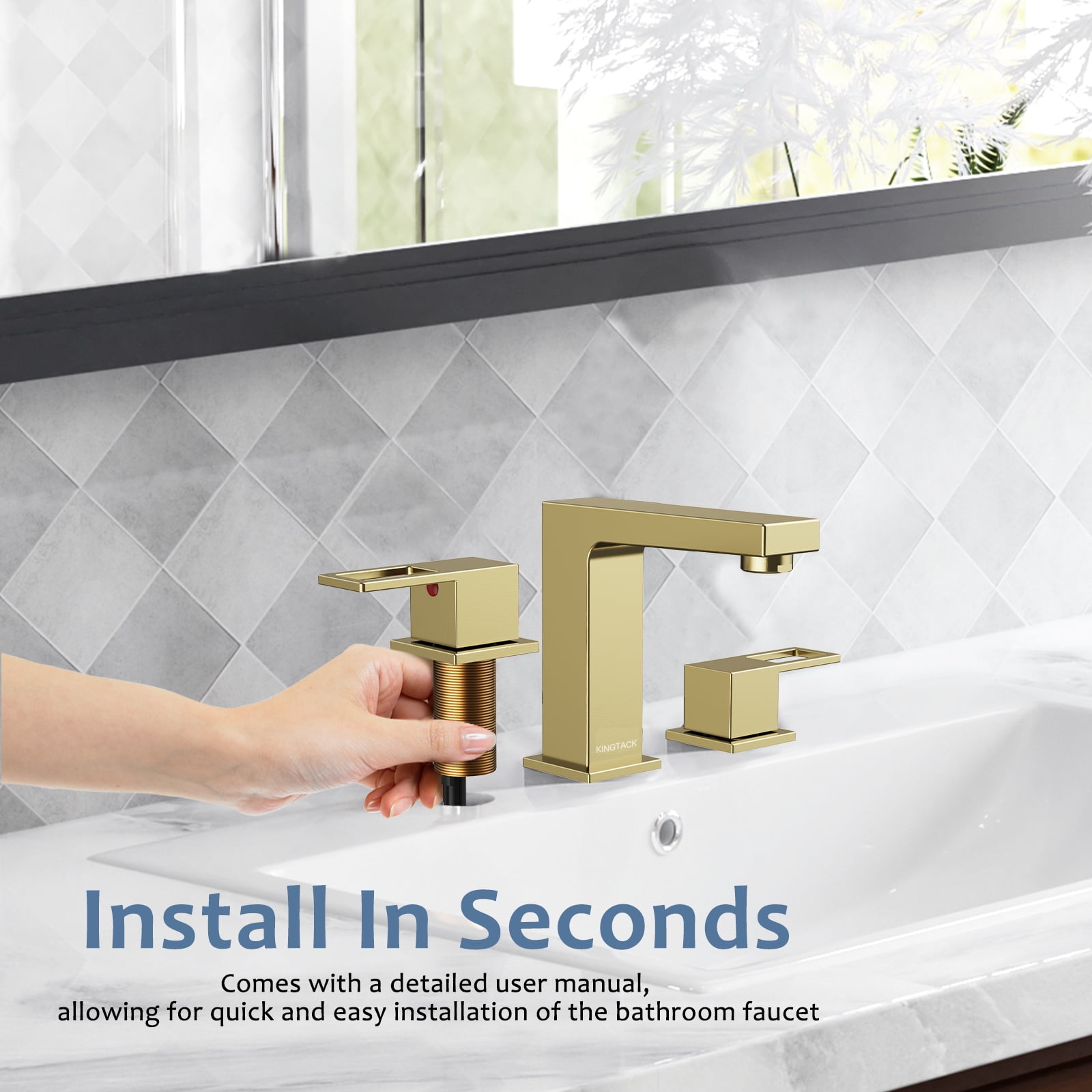 KINGTACK Bathroom Faucet for Sink 3 Hole, 8 inch Brushed Gold Bathroom Faucet with Pop Up Drain, 2 Handle Vanity Faucet with Water Supply Hoses