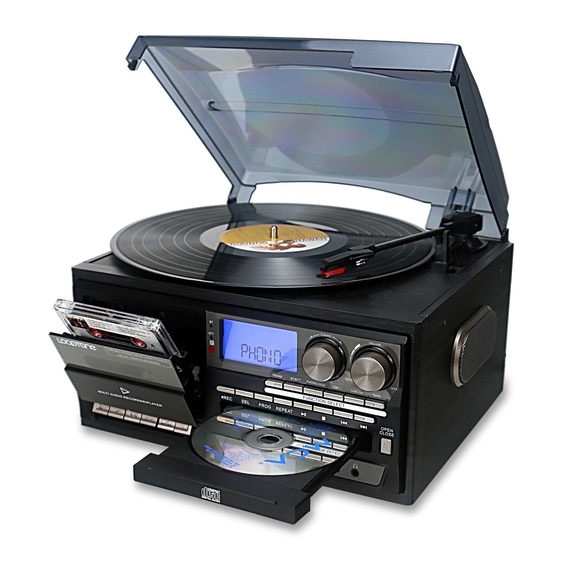 LoopTone Vinyl Record Player Turntable with Bluetooth, CD, Tape, Radio, USB Recorder, Stereo Home System