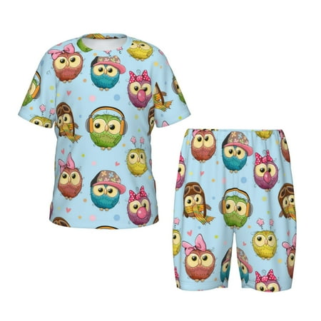 Luyuia Cute Cartoon Owls 3 Print Girls  2-Piece Tie-Dye Pajama Set  Cute Summer Loungewear with Shirt and Tank Shorts Nightwear-Small