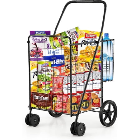 Heavy Duty Folding Shopping Cart with Swivel Wheels - Double Basket Grocery Utility Cart for Laundry Luggage & Travel Foldable Design with Rolling Wheels Black