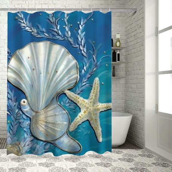 Pratyus Sea Shell Starfish Blue Background Shower Curtain Set with Hooks Waterproof Bath Curtain Kids Bathroom Decor 100% Polyester Fiber Shower Curtain for Bathroom Decoration Thanksgiving 36"x72