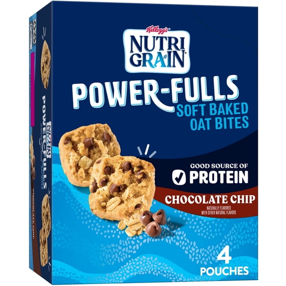 Kellogg's Nutri-Grain Power-Fulls Chocolate Chip Chewy Soft Baked Oat Bites, Protein Snacks, 5.6 oz, 4 Count