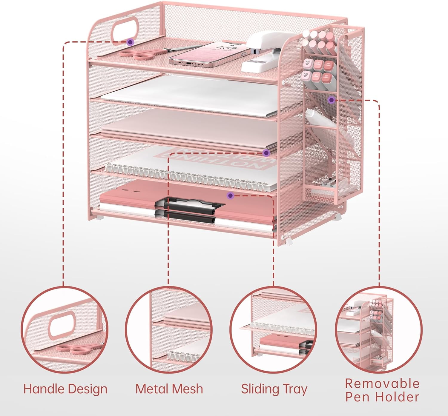 INTIGE 5 Tier Metal Mesh Desk File Organizer with Handle and Pen Holders, Pink, 1 Pcs