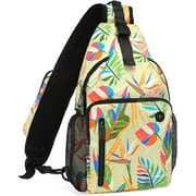 Mosiso Sling Backpack for Women Men, Chest Crossbody Shoulder Bag with USB Charging Port for Travel Hiking Walking Biking Cycling, Colorful Art Plant Leaves