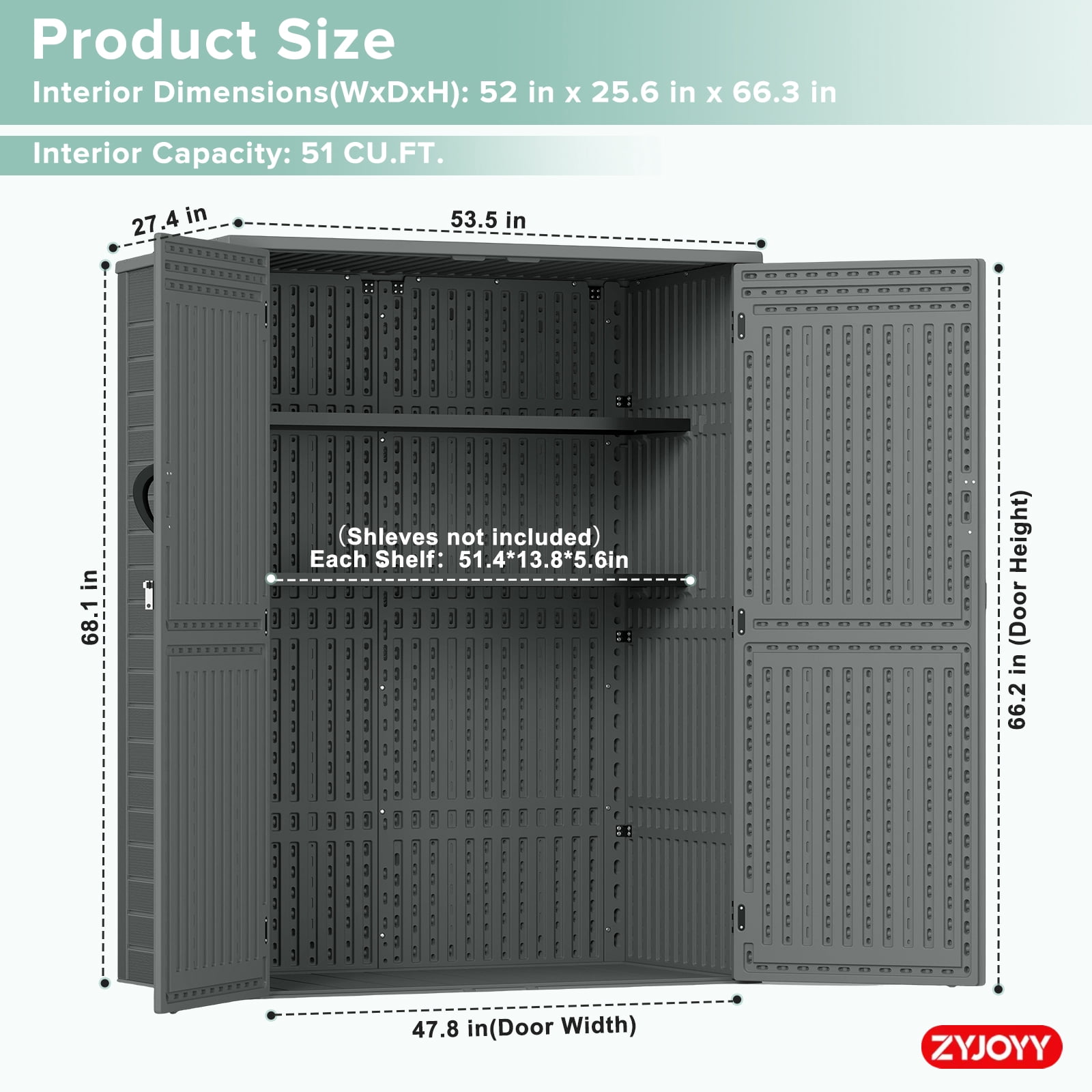 ZYJOYY 60 Cu.Ft Outdoor Resin Storage Shed with Floor & Double Doors, Lockable Waterproof All-Weather Garden Tool Shed for Patio & Backyard, Dark Gray