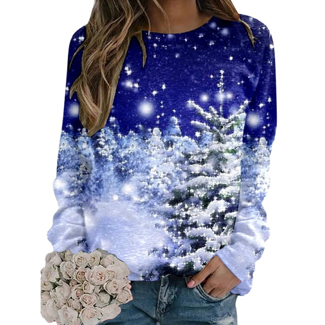MAWCLOS Sweat-Shirt de Noël pour Femmes Col Rond Sweat-Shirts de Noël Imprimé Élan Pull Décontracté Manches Longues Jumper Neige Tombante Arbre de Noël L