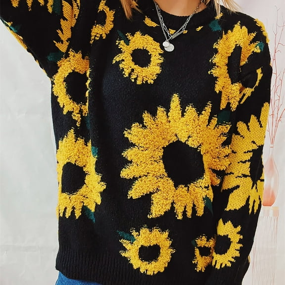 Black Womens Sweatshirt Women's Autumn/Winter New Top Sunflower Jacquard Round Neck Long Sleeve Knitted Pullover Sweater Fall Clothes for Women